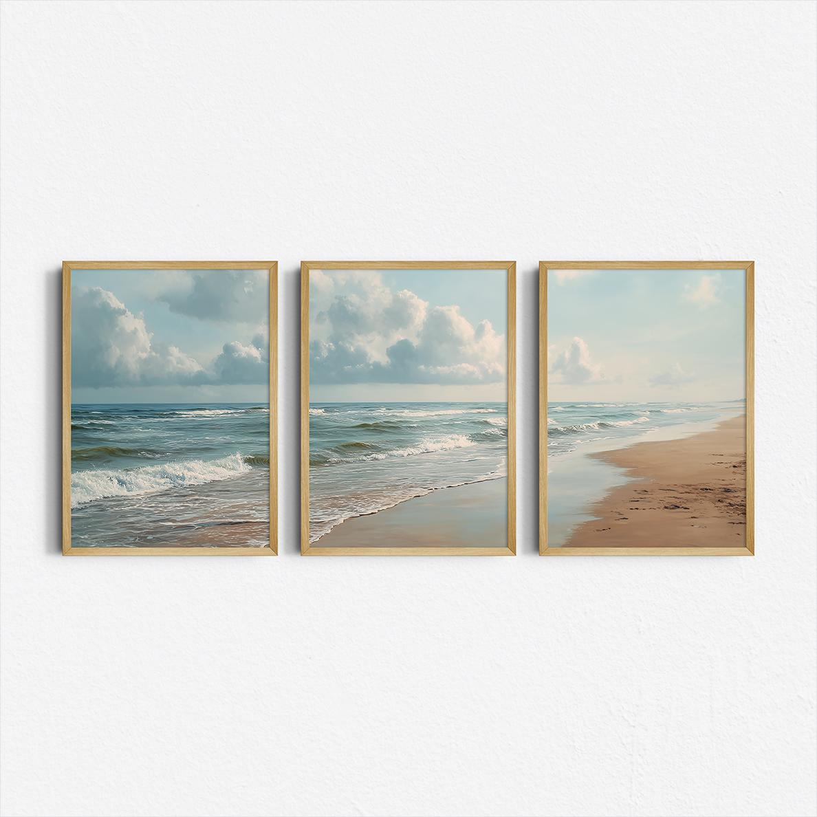 Abstract Canvas Set - ชุดภาพพิมพ์สามชิ้นลายชายหาดทะเล ภาพวาดทิวทัศน์ชายฝั่ง ภาพพิมพ์บนผ้าใบสำหรับตกแต่งผนังบ้าน ห้องนอน ห้องนั่งเล่น