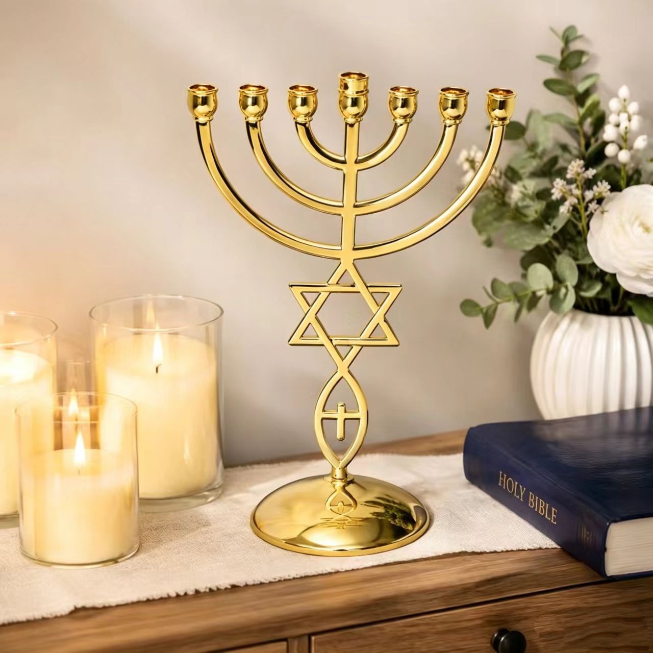Candle Holder Decor - ชุดเชิงเทียนเจ็ดหัวสำหรับเทศกาลฮานุคคาห์ รูปดาวเดวิด เชิงเทียนยิว ของตกแต่งบ้าน ของขวัญทางศาสนา