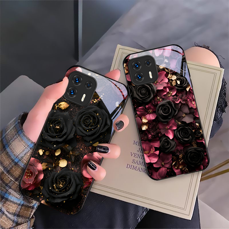 Vase Decor - เคสโทรศัพท์แก้วลายกลีบดอกไม้สีแดงไวน์ สำหรับ Motorola Moto G14 24