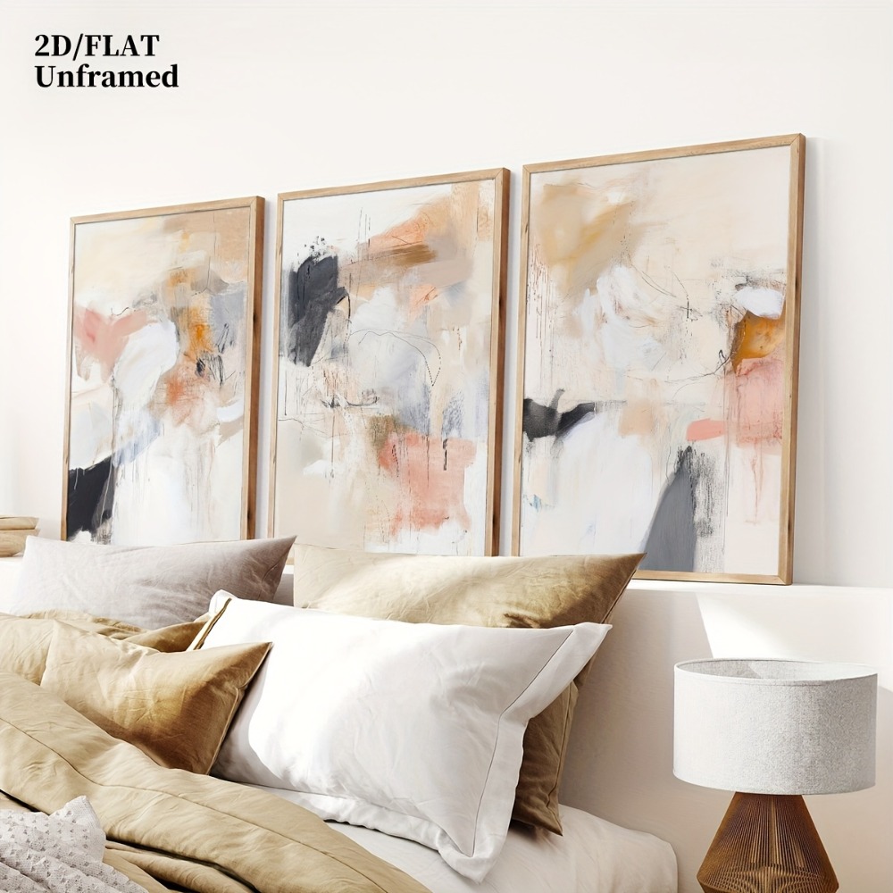Abstract Canvas Set - ภาพตกแต่งผนังลายเส้นนามธรรมสีเบจชมพูอ่อน 3 ชิ้น แบบไม่มีกรอบ, ภาพพิมพ์บนผ้าใบลายเรขาคณิตนามธรรมชวนฝัน, ของตกแต่งห้อง